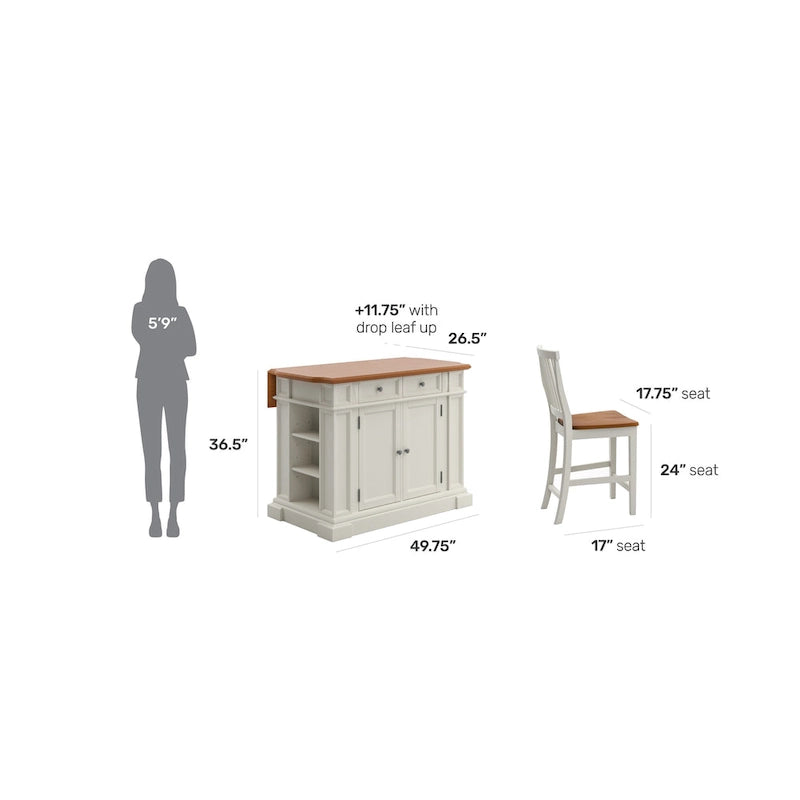 Homestyles Americana Distressed Off-White Oak Kitchen Island Set with Two Counter Stools