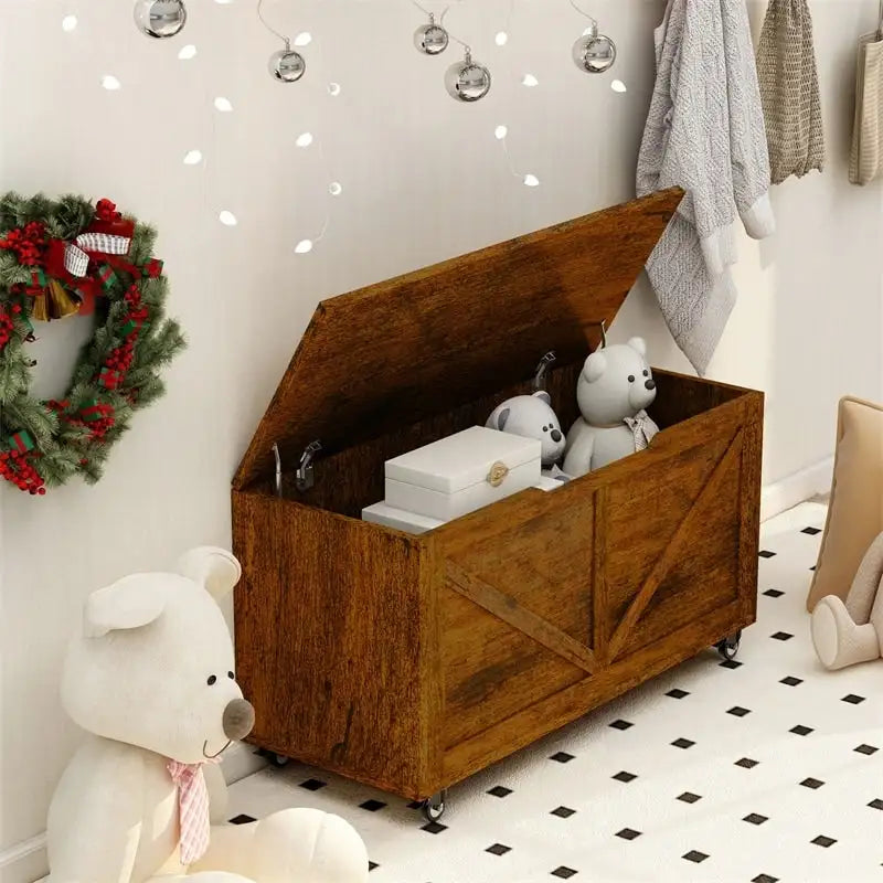 Wooden Storage Bench on Wheels with Brakes