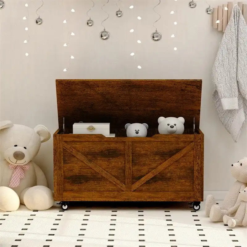 Wooden Storage Bench on Wheels with Brakes