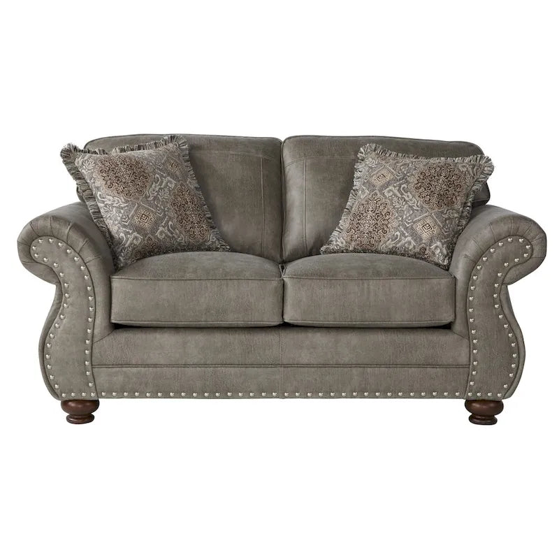 Roundhill Furniture Leinster Faux Leather Upholstered Nailhead Sofa, Loveseat, and Chair Set in Stone Gray