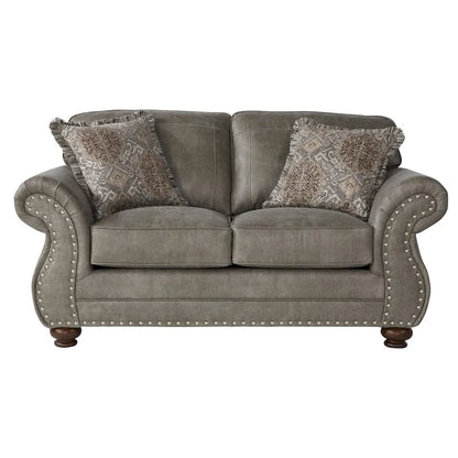 Roundhill Furniture Leinster Faux Leather Upholstered Nailhead Sofa, Loveseat, and Chair Set in Stone Gray