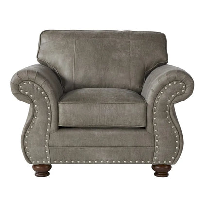 Roundhill Furniture Leinster Faux Leather Upholstered Nailhead Sofa, Loveseat, and Chair Set in Stone Gray