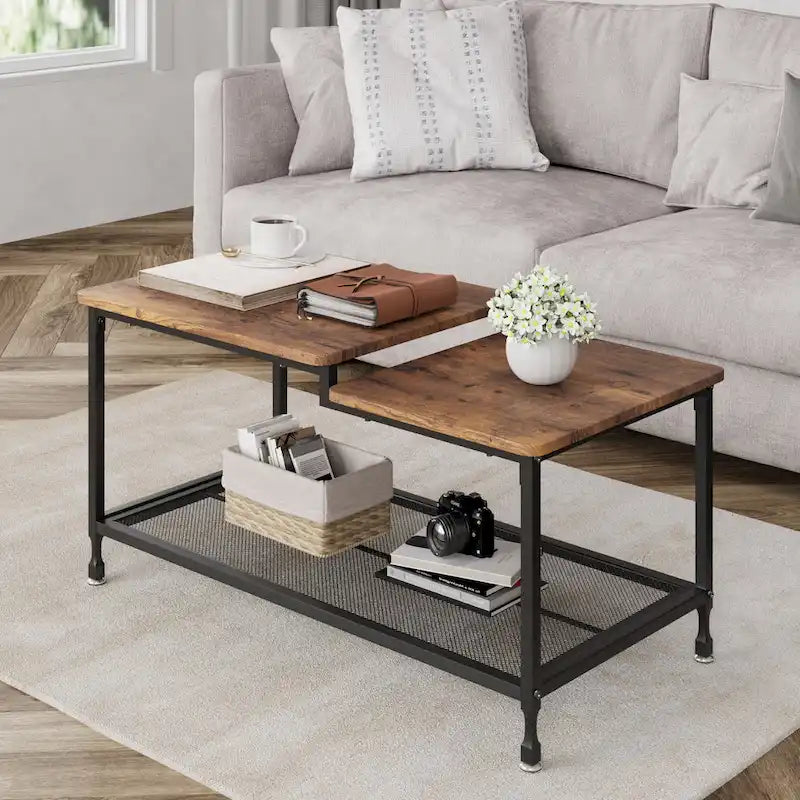 Coffee Table 2-Tier Center Table with Mesh Shelf Rectangle Storage