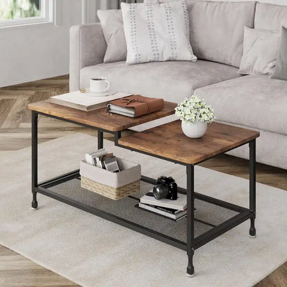 Coffee Table 2-Tier Center Table with Mesh Shelf Rectangle Storage
