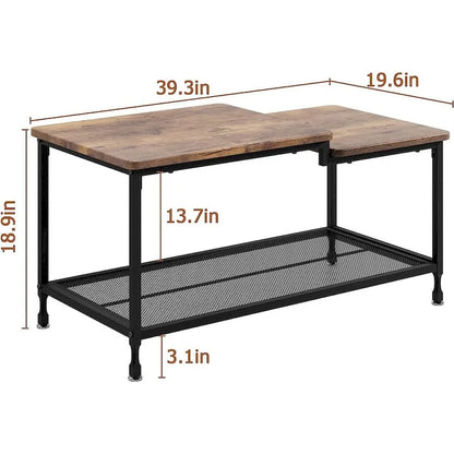 Coffee Table 2-Tier Center Table with Mesh Shelf Rectangle Storage