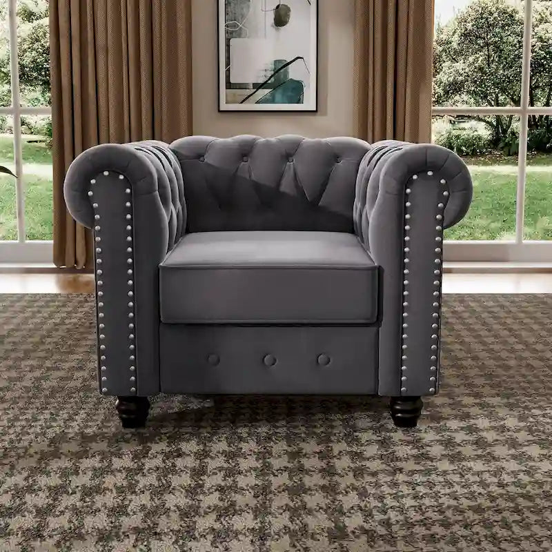 Morden Fort Velvet Chesterfield Club Chair,Button Tufted Upholstered Armchair with Nailhead and Solid Wood Legs for Living Room