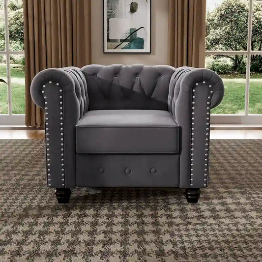 Morden Fort Velvet Chesterfield Club Chair,Button Tufted Upholstered Armchair with Nailhead and Solid Wood Legs for Living Room