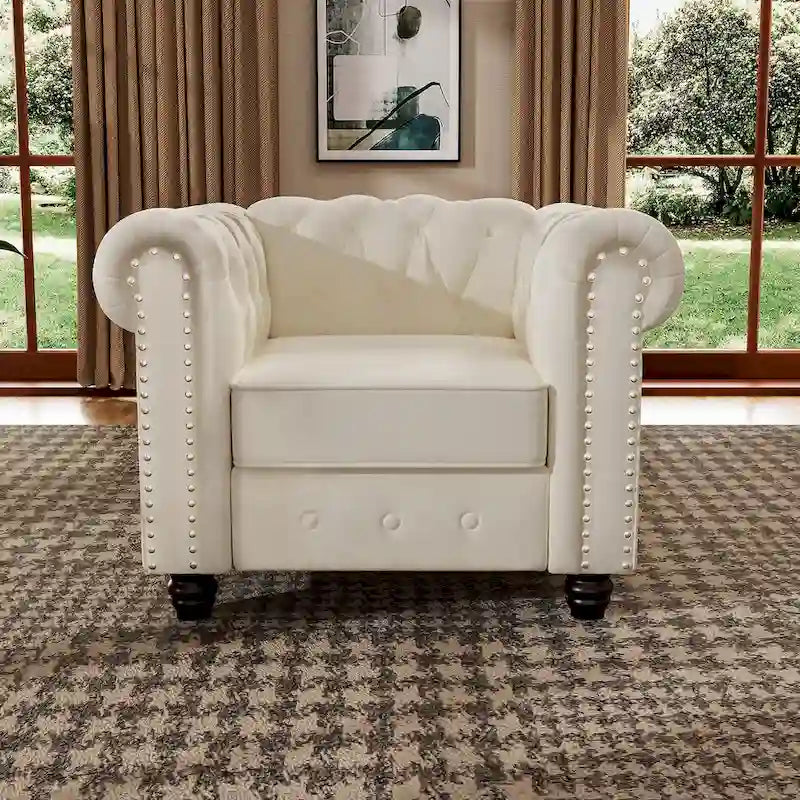 Morden Fort Velvet Chesterfield Club Chair,Button Tufted Upholstered Armchair with Nailhead and Solid Wood Legs for Living Room