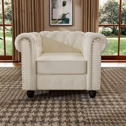 Morden Fort Velvet Chesterfield Club Chair,Button Tufted Upholstered Armchair with Nailhead and Solid Wood Legs for Living Room