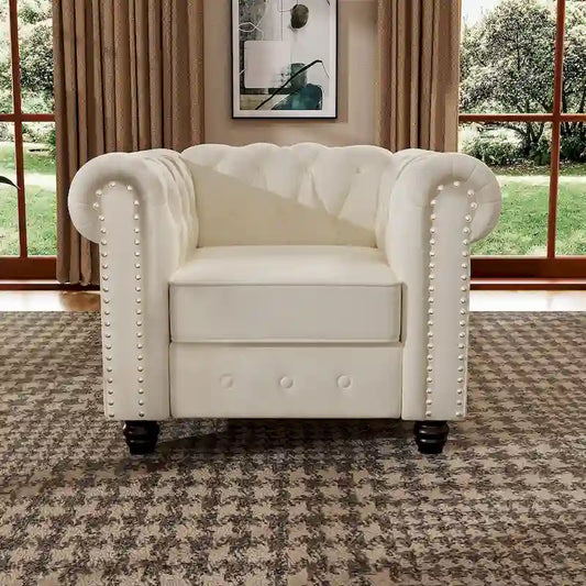Morden Fort Velvet Chesterfield Club Chair,Button Tufted Upholstered Armchair with Nailhead and Solid Wood Legs for Living Room