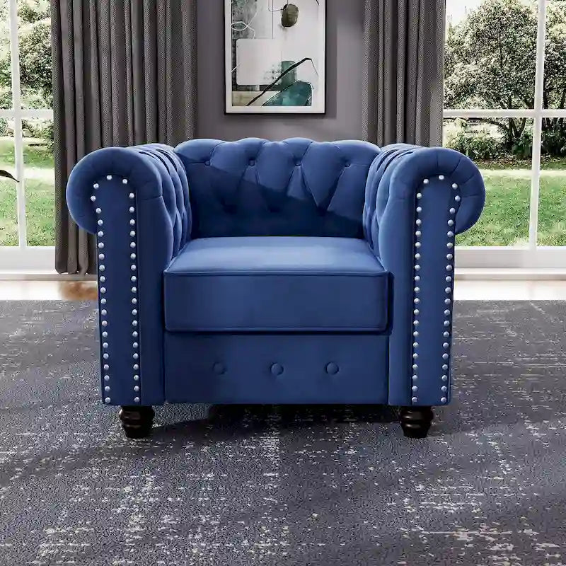 Morden Fort Velvet Chesterfield Club Chair,Button Tufted Upholstered Armchair with Nailhead and Solid Wood Legs for Living Room