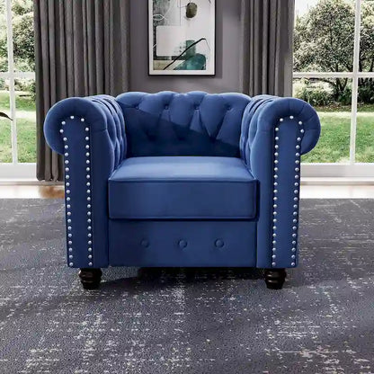 Morden Fort Velvet Chesterfield Club Chair,Button Tufted Upholstered Armchair with Nailhead and Solid Wood Legs for Living Room