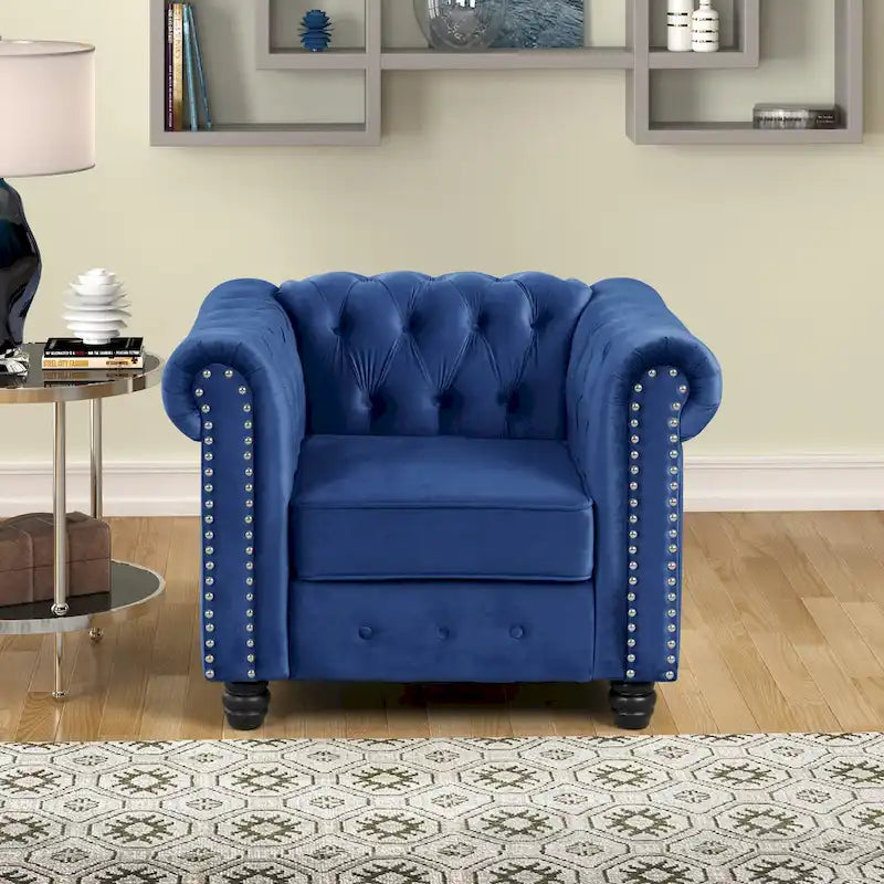 Morden Fort Velvet Chesterfield Club Chair,Button Tufted Upholstered Armchair with Nailhead and Solid Wood Legs for Living Room