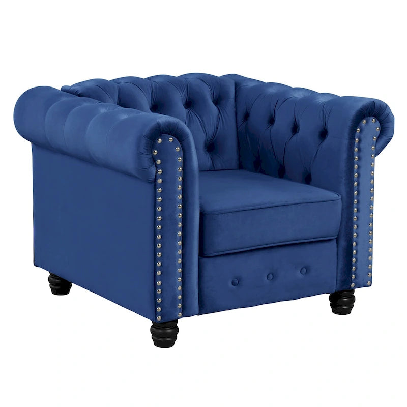 Morden Fort Velvet Chesterfield Club Chair,Button Tufted Upholstered Armchair with Nailhead and Solid Wood Legs for Living Room