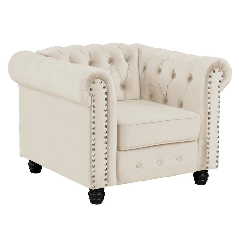 Morden Fort Velvet Chesterfield Club Chair,Button Tufted Upholstered Armchair with Nailhead and Solid Wood Legs for Living Room