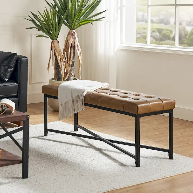 Eberhard Modern 50.5 Genuine Leather Upholstered Bench with Metal Legs by HULALA HOME