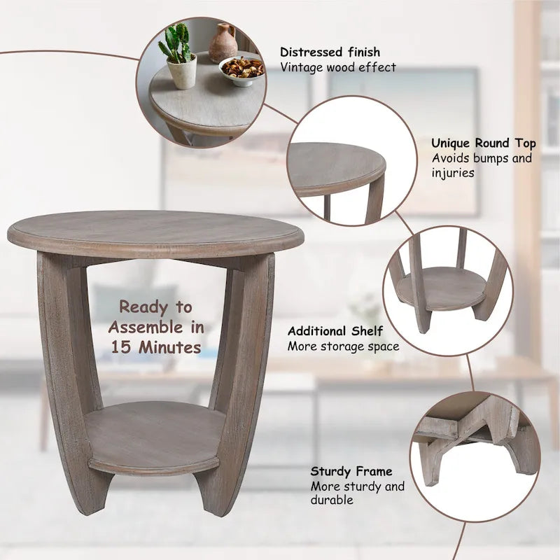 COZAYH Set of 2 Rustic Farmhouse end Table with Storage Shelf, French Country Accent Side Table , Vintage Grey Finish