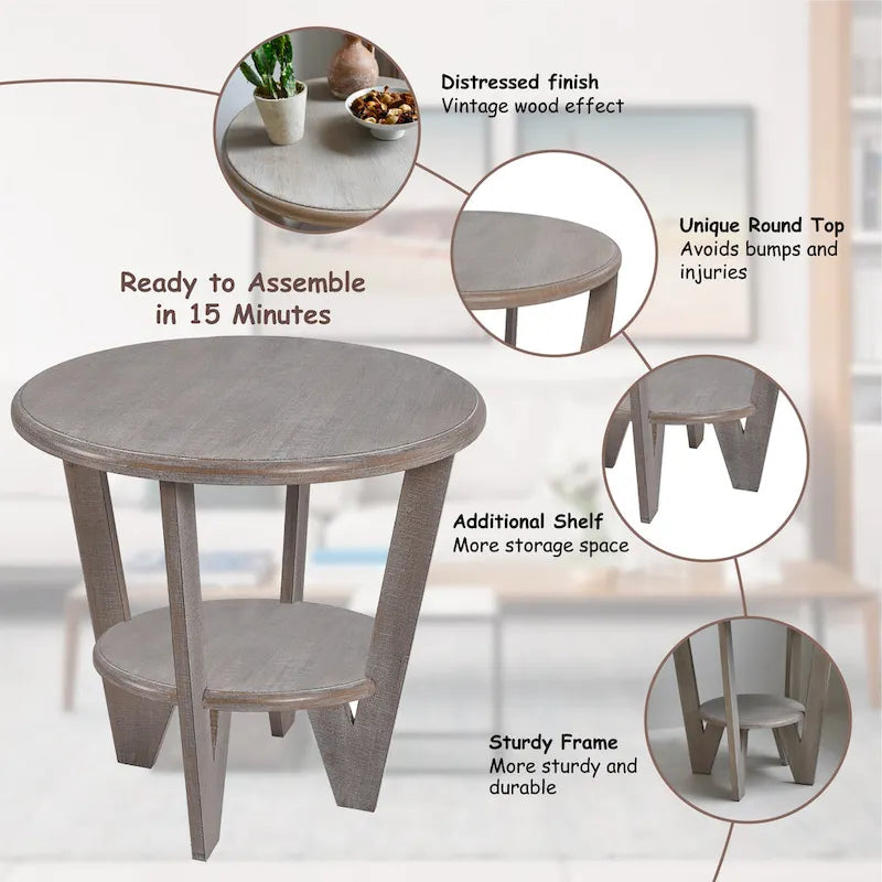 COZAYH Set of 2 Rustic Farmhouse end Table with Storage Shelf, French Country Accent Side Table , Vintage Grey Finish