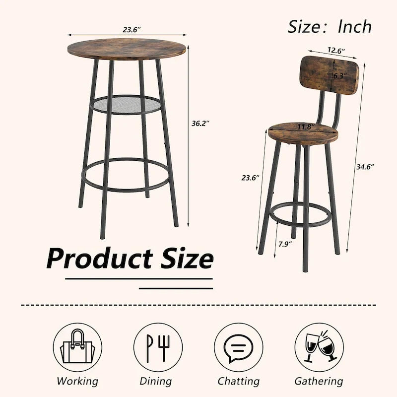 3-Piece Bar Table Set for 2, 2-Tier Round Bistro Dining Table Set