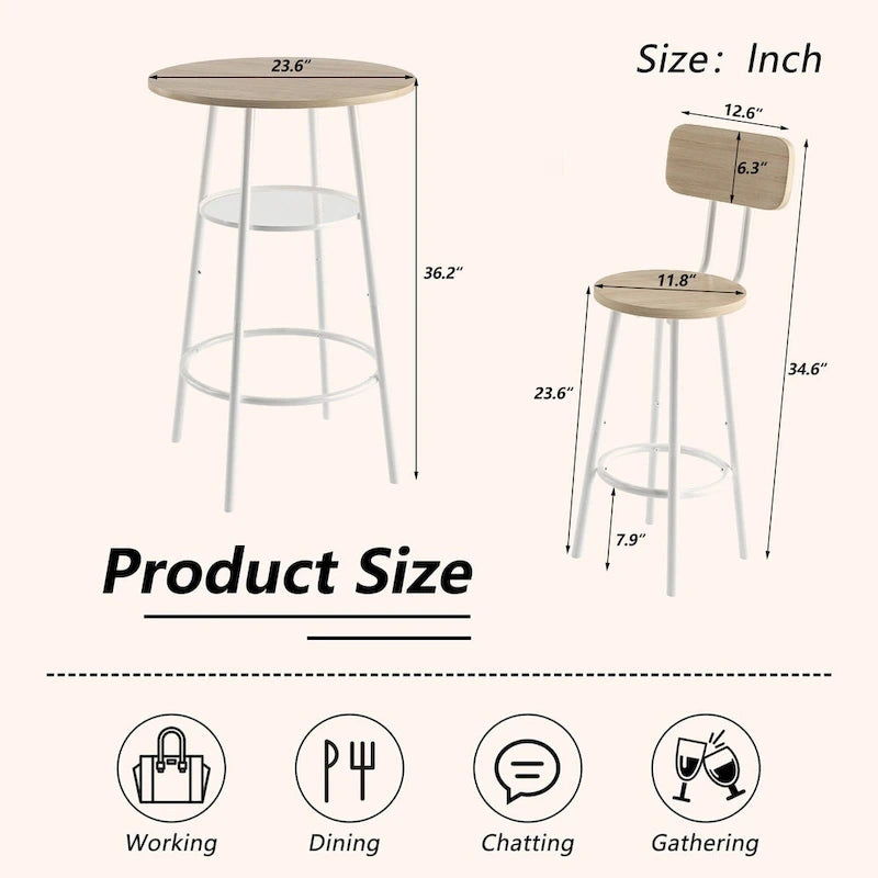 3-Piece Bar Table Set for 2, 2-Tier Round Bistro Dining Table Set