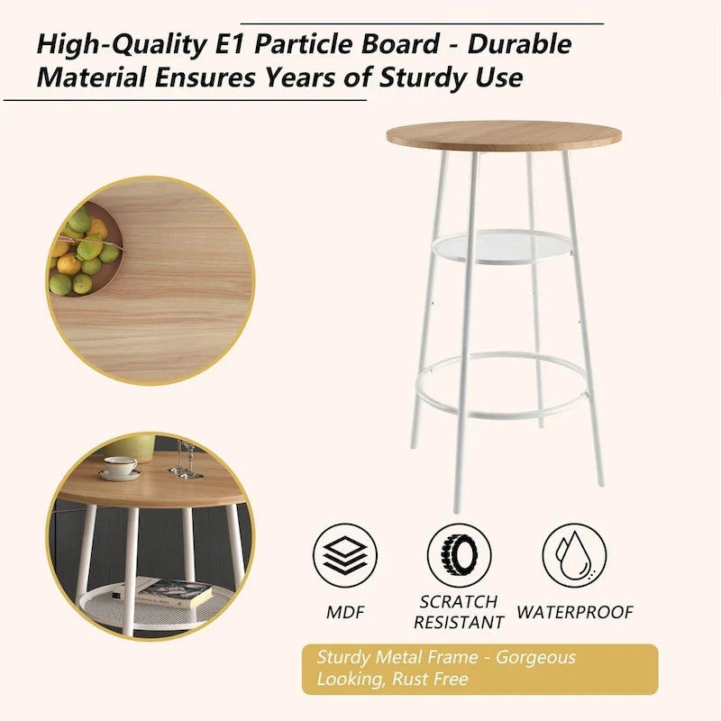 3-Piece Bar Table Set for 2, 2-Tier Round Bistro Dining Table Set