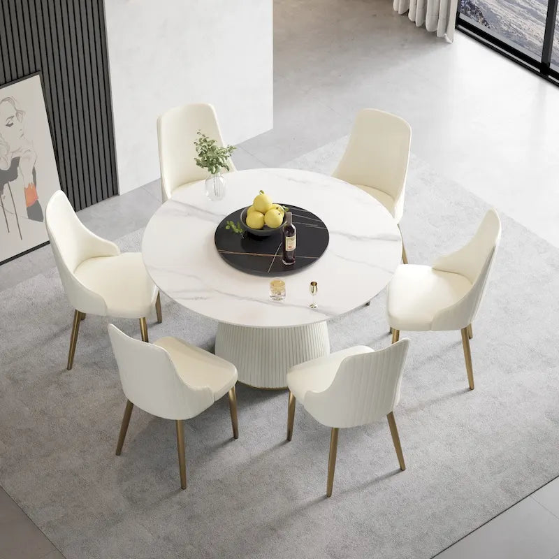 53 Round Dining Table for 6, Modern White Sintered Stone Tabletop with Lazy Susan - N/A