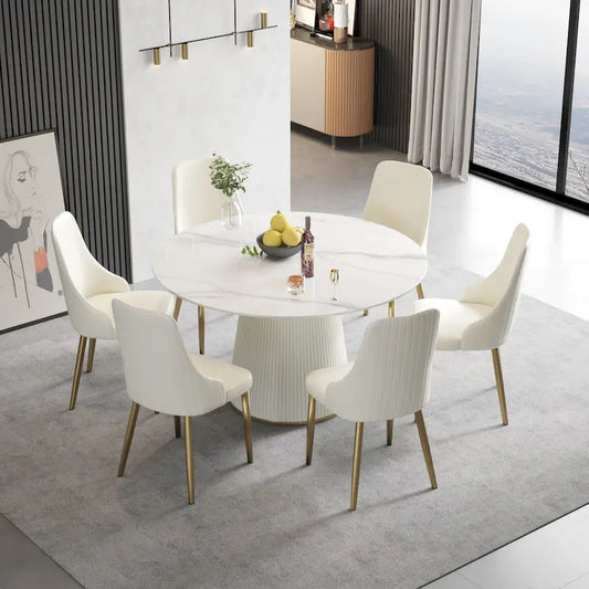 53 Round Dining Table for 6, Modern White Sintered Stone Tabletop with Lazy Susan - N/A