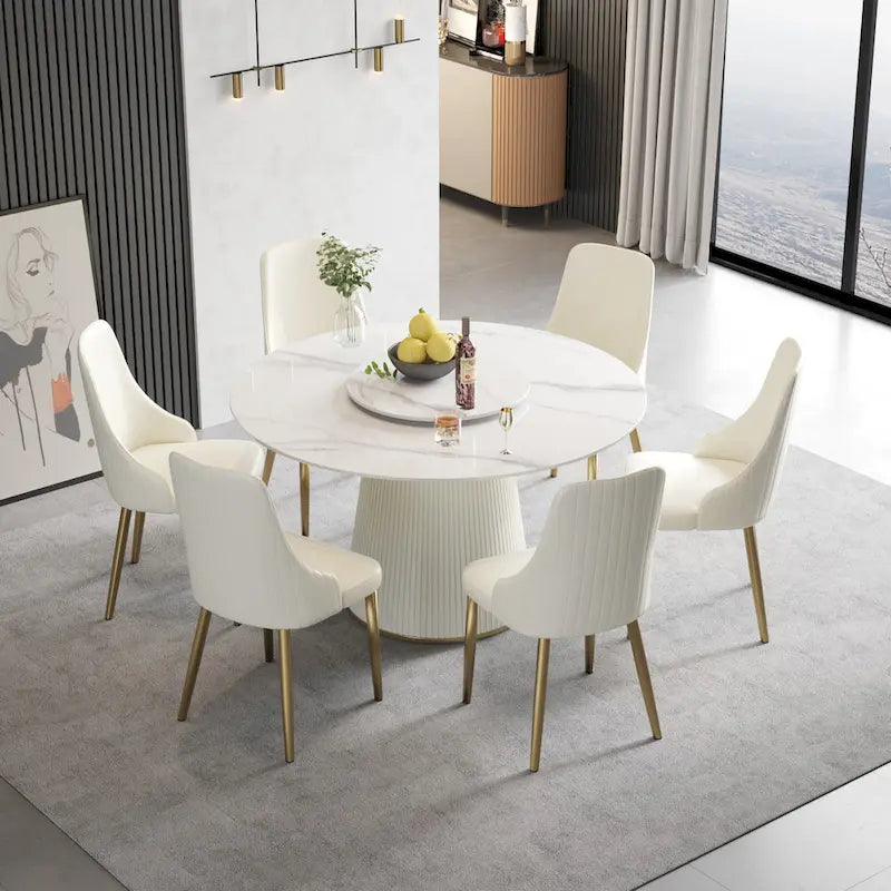 53 Round Dining Table for 6, Modern White Sintered Stone Tabletop with Lazy Susan - N/A