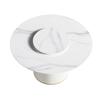 53 Round Dining Table for 6, Modern White Sintered Stone Tabletop with Lazy Susan - N/A