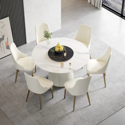 53 Round Dining Table for 6, Modern White Sintered Stone Tabletop with Lazy Susan - N/A
