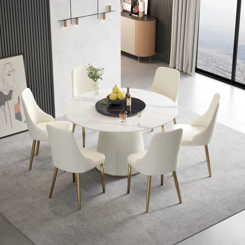 53 Round Dining Table for 6, Modern White Sintered Stone Tabletop with Lazy Susan - N/A