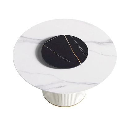 53 Round Dining Table for 6, Modern White Sintered Stone Tabletop with Lazy Susan - N/A