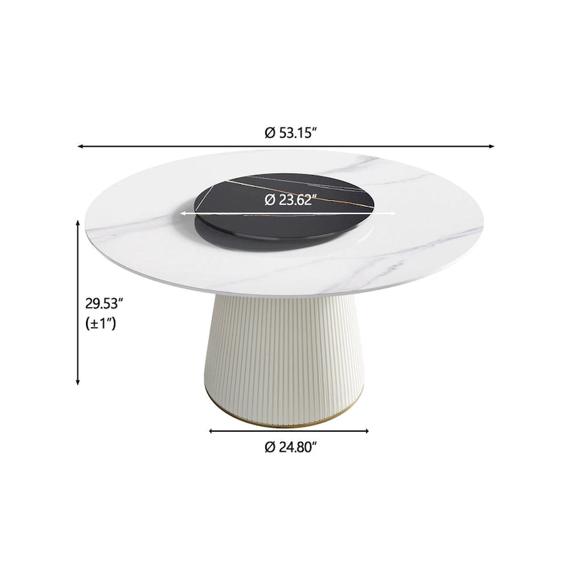 53 Round Dining Table for 6, Modern White Sintered Stone Tabletop with Lazy Susan - N/A