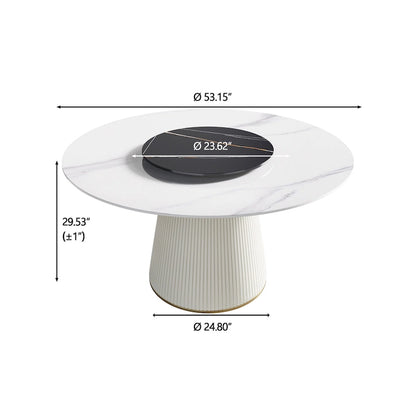 53 Round Dining Table for 6, Modern White Sintered Stone Tabletop with Lazy Susan - N/A