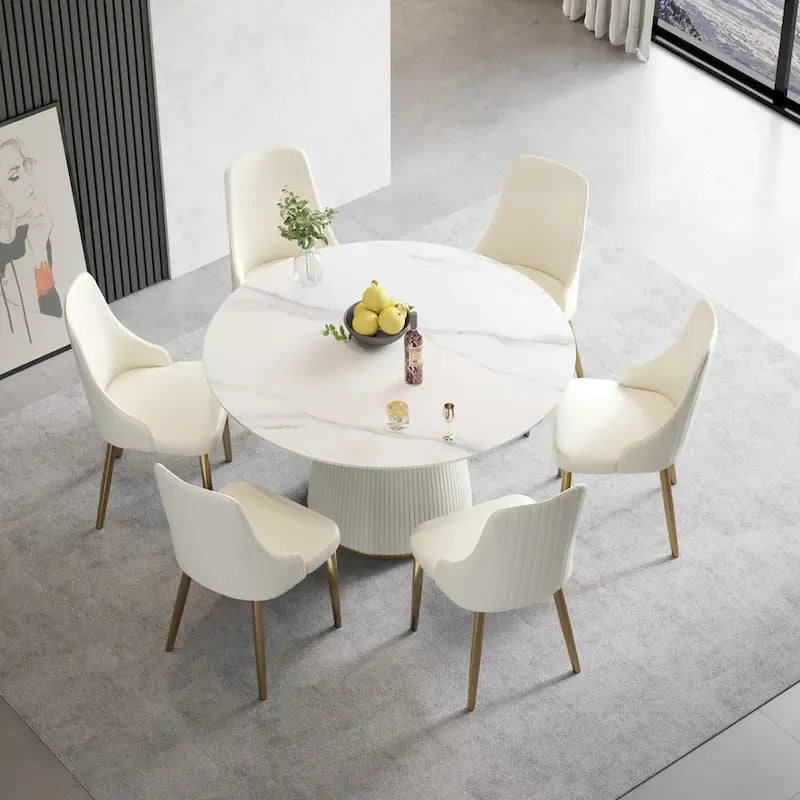 53 Round Dining Table for 6, Modern White Sintered Stone Tabletop with Lazy Susan - N/A