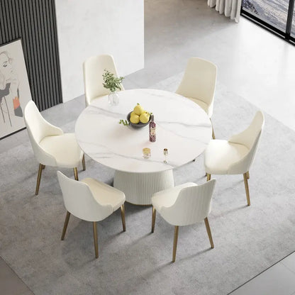 53 Round Dining Table for 6, Modern White Sintered Stone Tabletop with Lazy Susan - N/A