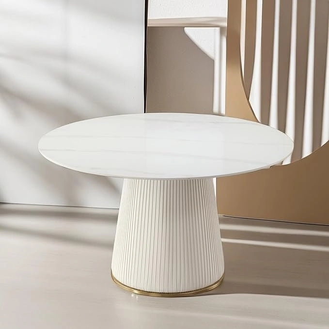 53 Round Dining Table for 6, Modern White Sintered Stone Tabletop with Lazy Susan - N/A