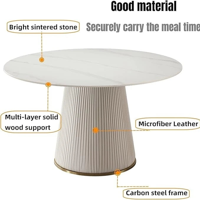 53 Round Dining Table for 6, Modern White Sintered Stone Tabletop with Lazy Susan - N/A