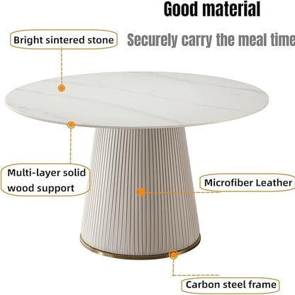 53 Round Dining Table for 6, Modern White Sintered Stone Tabletop with Lazy Susan - N/A