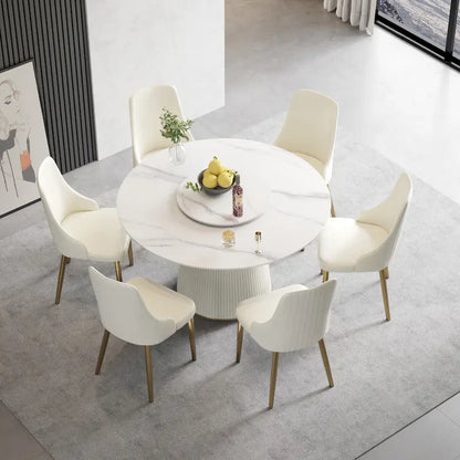 53 Round Dining Table for 6, Modern White Sintered Stone Tabletop with Lazy Susan - N/A