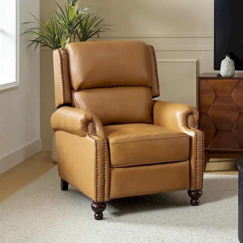 Gabriela Mid-Century Modern Genuine Leather Recliner with Tapered Block Feet by HULALA HOME