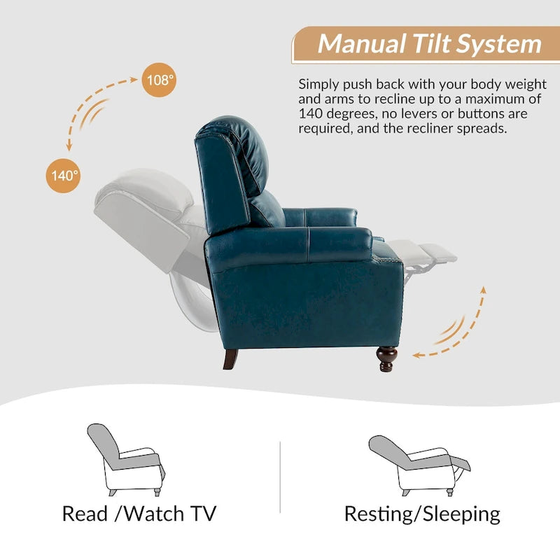 Gabriela Mid-Century Modern Genuine Leather Recliner with Tapered Block Feet by HULALA HOME