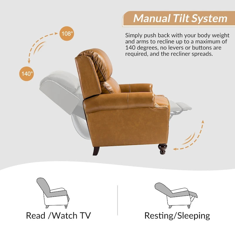 Gabriela Mid-Century Modern Genuine Leather Recliner with Tapered Block Feet by HULALA HOME