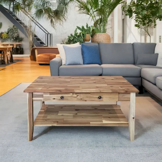 Solid Acacia Coffee Table with Drawer & Bottom Shelf