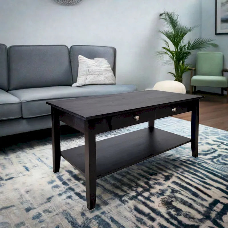 Solid Acacia Coffee Table with Drawer & Bottom Shelf