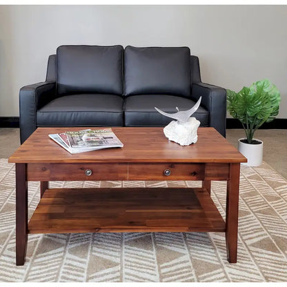 Solid Acacia Coffee Table with Drawer & Bottom Shelf