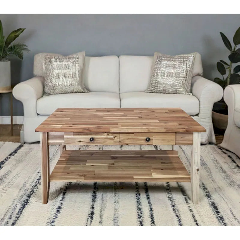 Solid Acacia Coffee Table with Drawer & Bottom Shelf