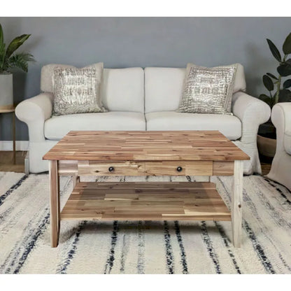 Solid Acacia Coffee Table with Drawer & Bottom Shelf