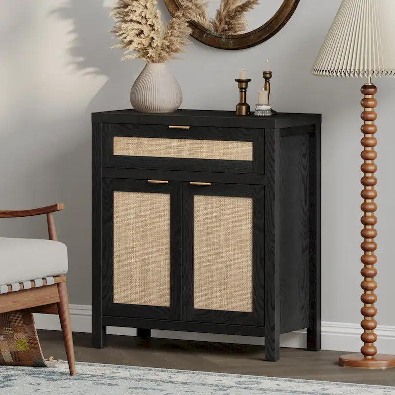 SICOTAS Farmhouse Rattan Sideboard Storage Cabinet with Drawer - N/A