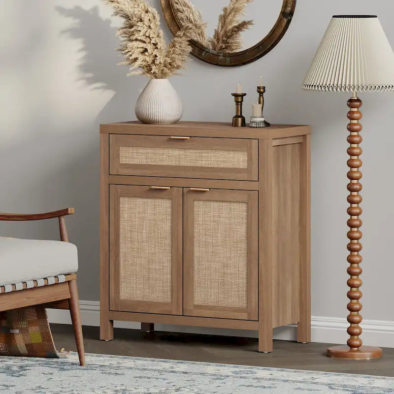 SICOTAS Farmhouse Rattan Sideboard Storage Cabinet with Drawer - N/A